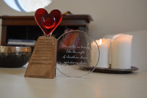 Poem circle with a heart memorial art glass